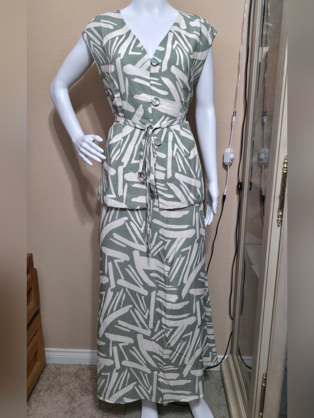 Mustard Seed Sage Green and Cream Printed Skirt Set